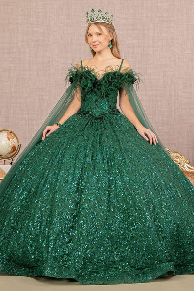 Sequin Cape Sleeve Feather Ball Gown by Elizabeth K GL3169 - XS / Green - Quinceanera Dresses