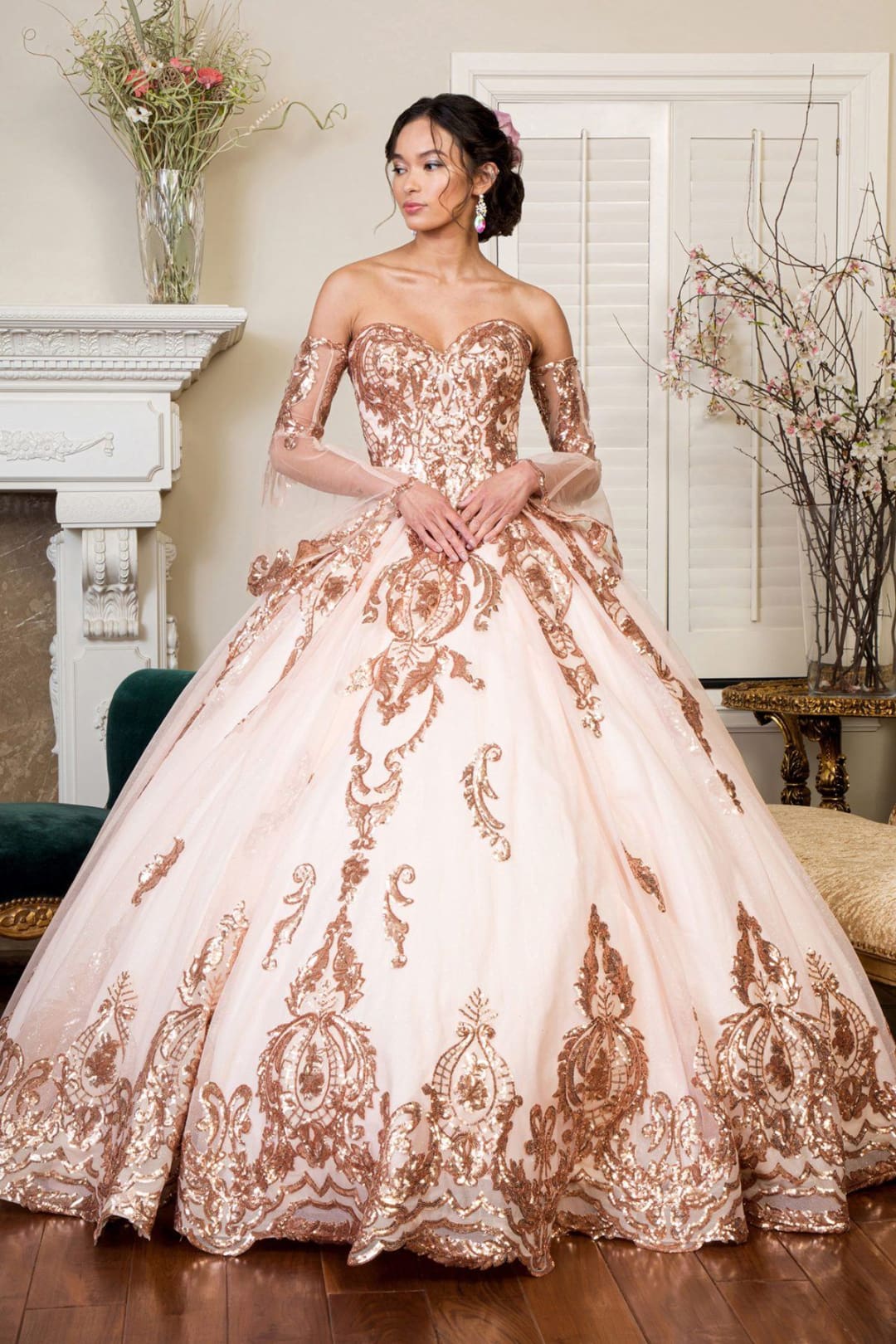 Sequin Print Strapless Ball Gown by Elizabeth K GL1914 - XS / Champagne - Quinceanera Dresses