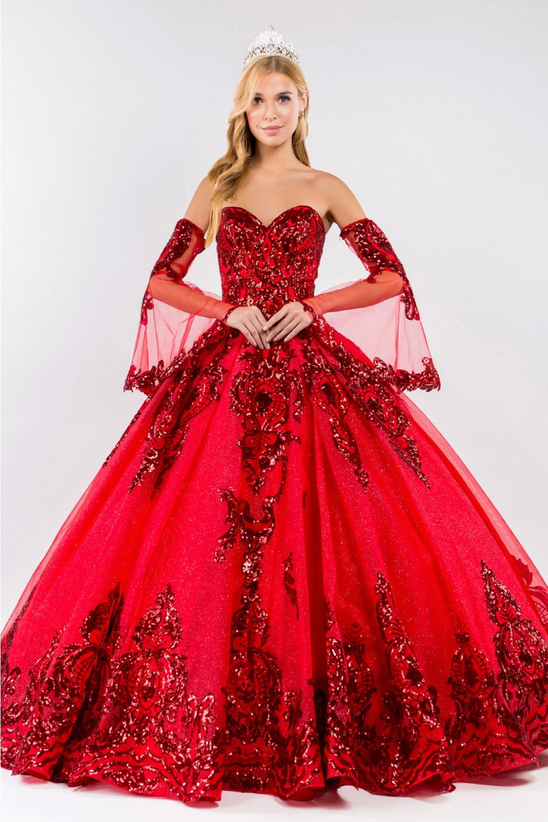 Sequin Print Strapless Ball Gown by Elizabeth K GL1914 - XS / Red - Quinceanera Dresses