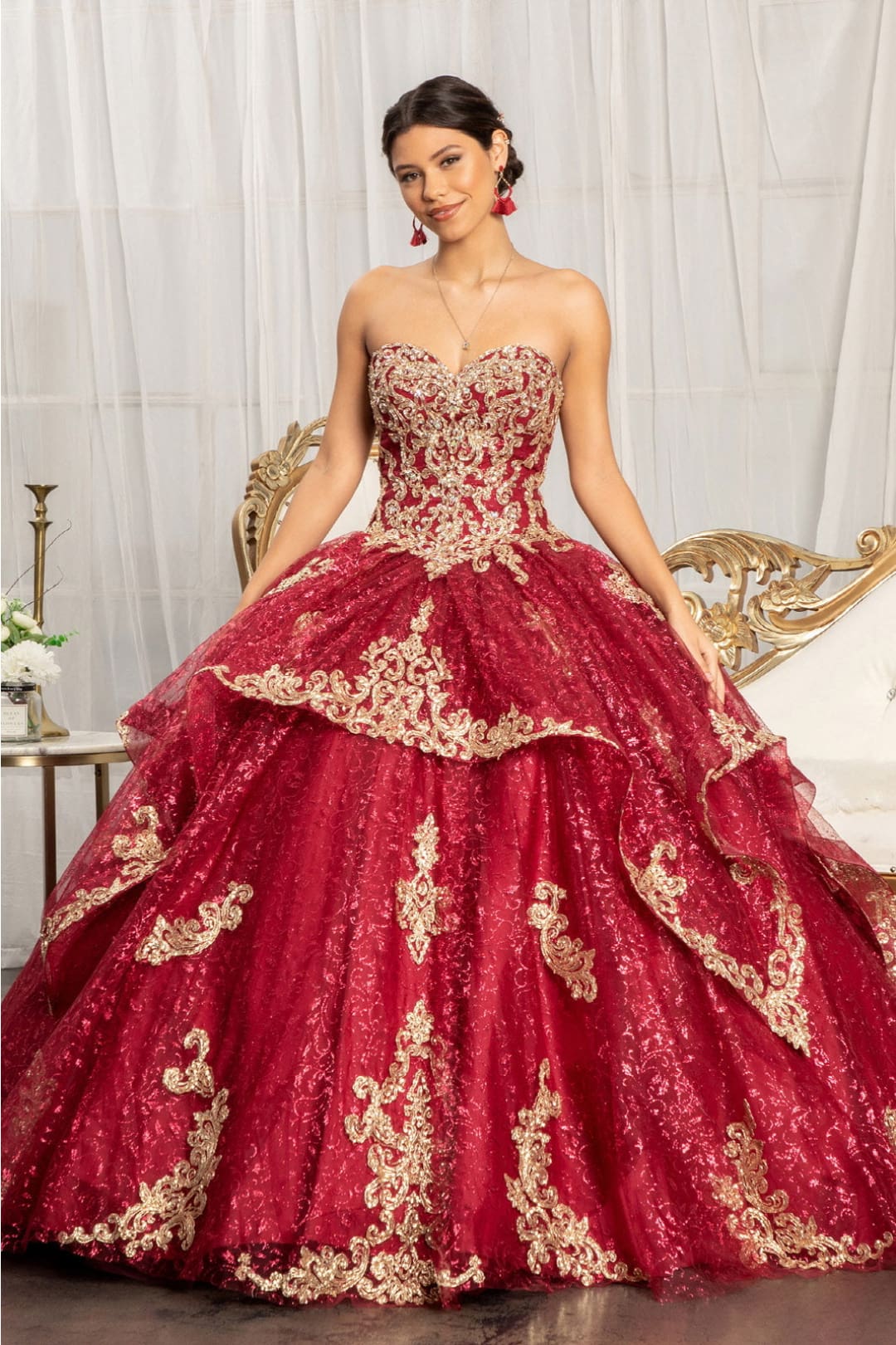 Sequin Print Strapless Ball Gown by Elizabeth K GL1987 - XS / Burgundy - Quinceanera Dresses
