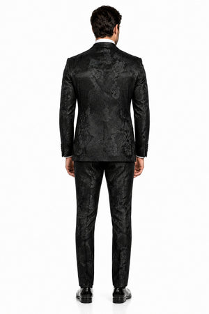 Mens 2 Button Shiny Black on Black Floral Paisley Prom & Wedding Tuxedo
