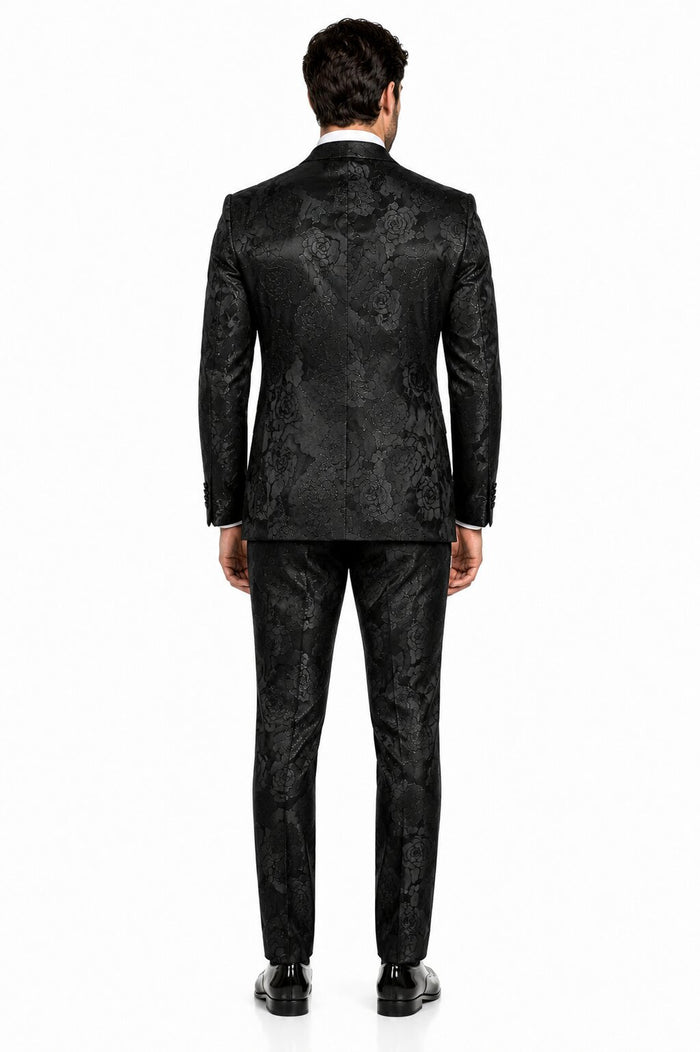 Mens 2 Button Shiny Black on Black Floral Paisley Prom & Wedding Tuxedo