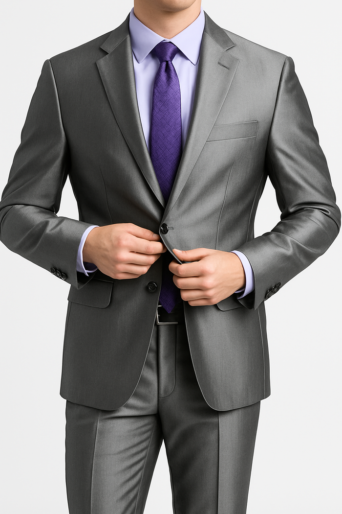 Men's Shiny Sharkskin Suit in Silver Grey