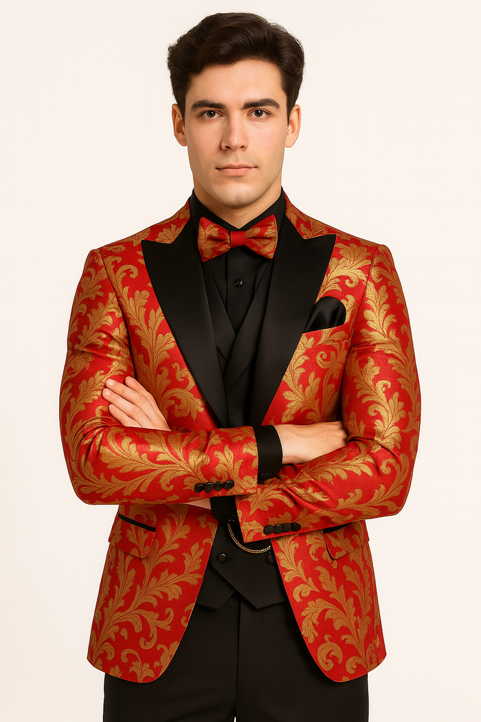 Mens Shiny Paisley Vested Wedding and Prom Tuxedo in Red and Gold