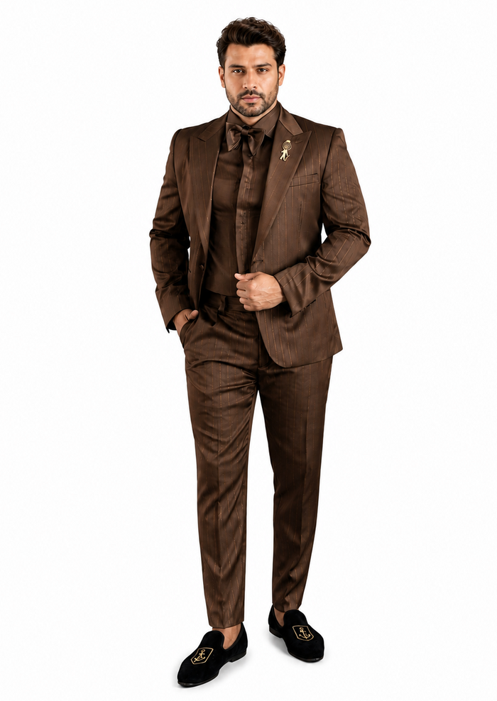Shiny Satin Charmeuse Metallic Stripe Sheen Monochromatic Pinstripe Suit By Rossiman in Color Brown Tailored Fit + Matching Shirt Tie (4-Piece)