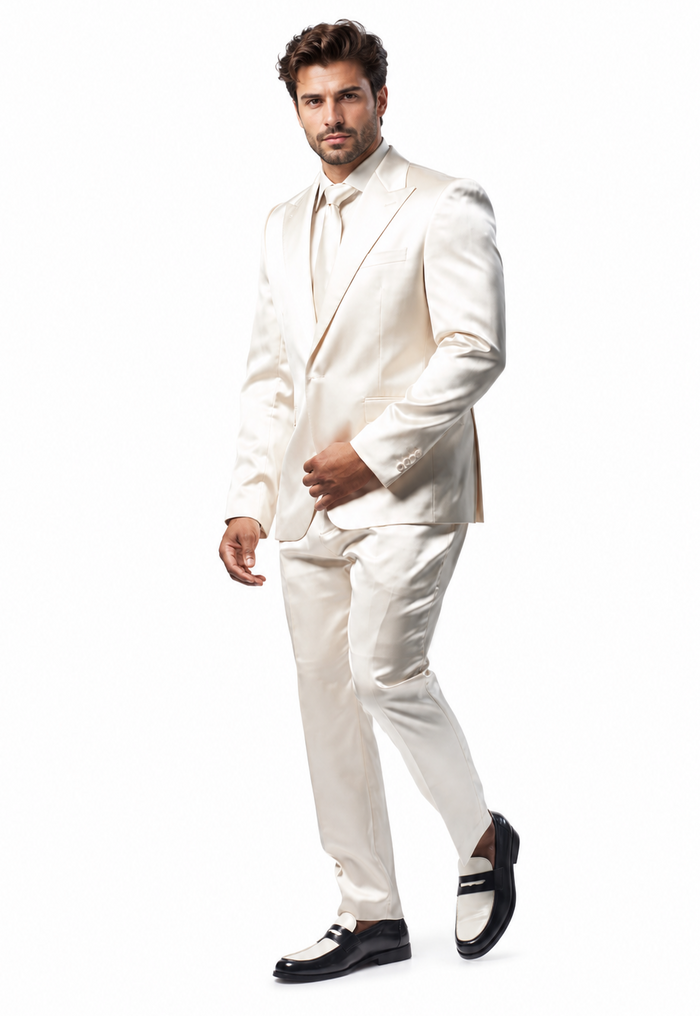 Shiny Satin Charmeuse Metallic Stripe Sheen Monochromatic Pinstripe Suit By Rossiman in Color cream Tailored Fit + Matching Shirt Tie (4-Piece)