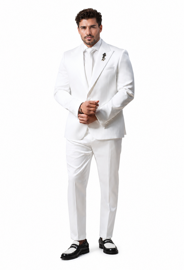 Shiny Satin Charmeuse Metallic Stripe Sheen Monochromatic Pinstripe Suit By Rossiman in Color White Tailored Fit + Matching Shirt Tie (4-Piece)