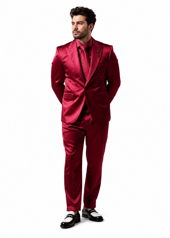 Shiny Satin Charmeuse Metallic Stripe Sheen Monochromatic Pinstripe Suit By Rossiman in Color Burgundy Tailored Fit + Matching Shirt Tie (4-Piece)