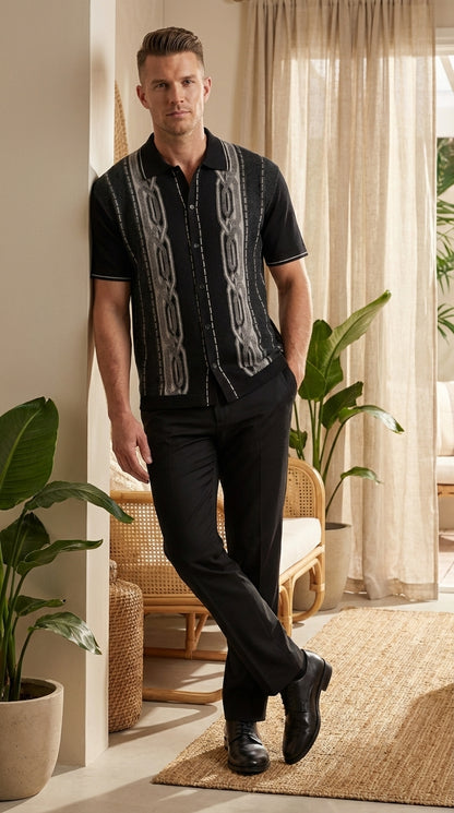 Mens Black and Gray Pattern Walking Suit Set – Short Sleeve Knit Shirt and Pants Casual Outfit for Summer, Travel and Everyday Wear