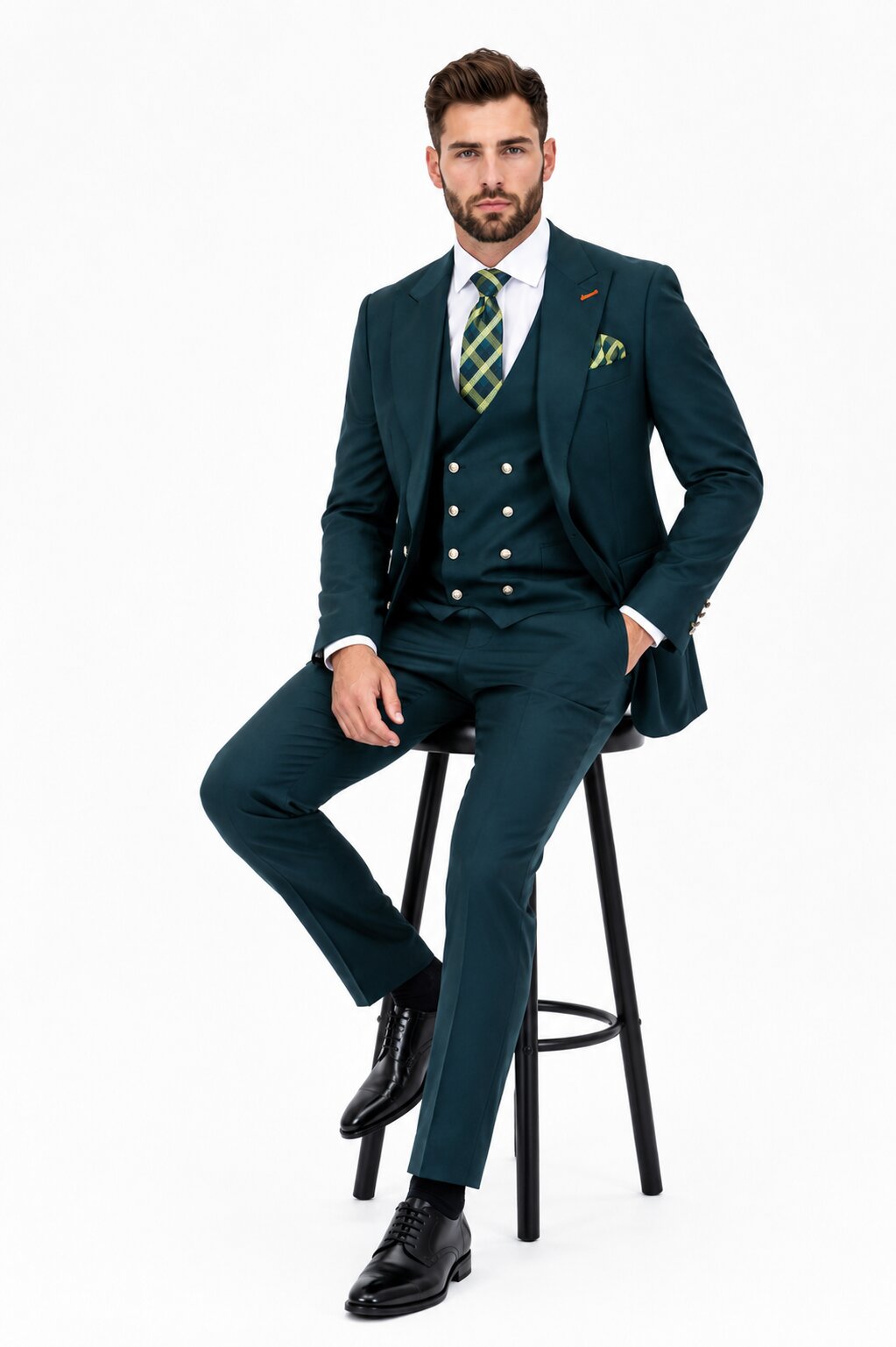 Men's Hunter Statement Ticket Pocket Peak Lapel Wool Double Breasted Vest Suit with Silver Buttons – Modern Fit