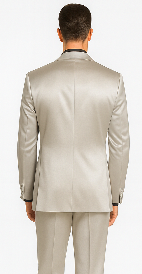 Silver Satin Slim Fit 3 Piece Tazzio Men's Suit with Peak Lapel Jacket  Premium Design