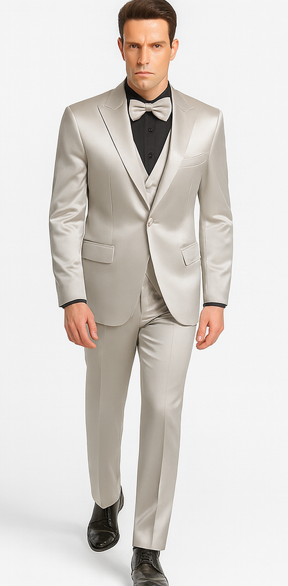 Silver Satin Slim Fit 3 Piece Tazzio Men's Suit with Peak Lapel Jacket  Premium Design