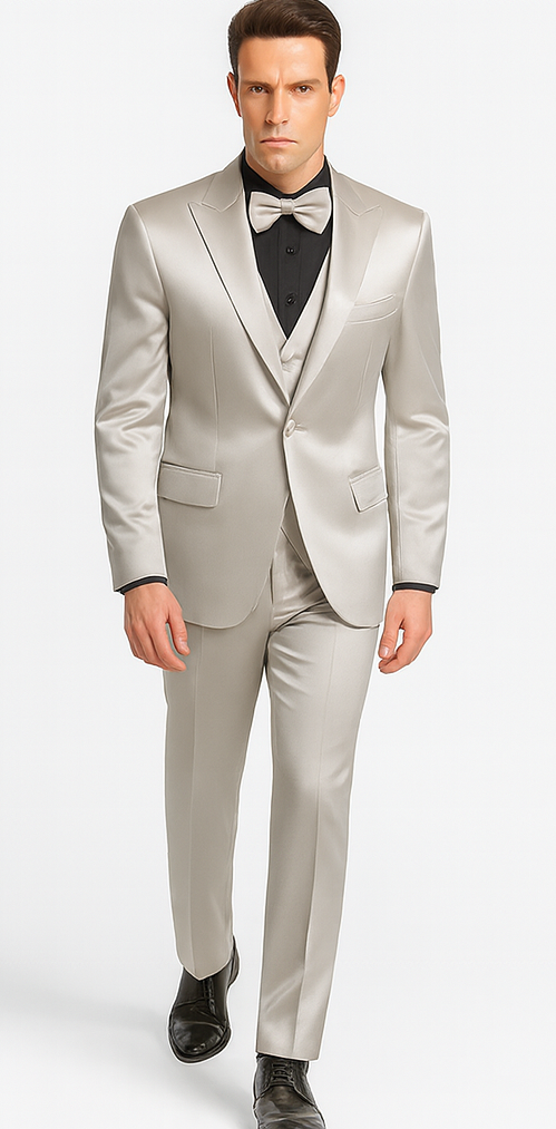 Silver Satin Slim Fit 3 Piece Tazzio Men's Suit with Peak Lapel Jacket  Premium Design
