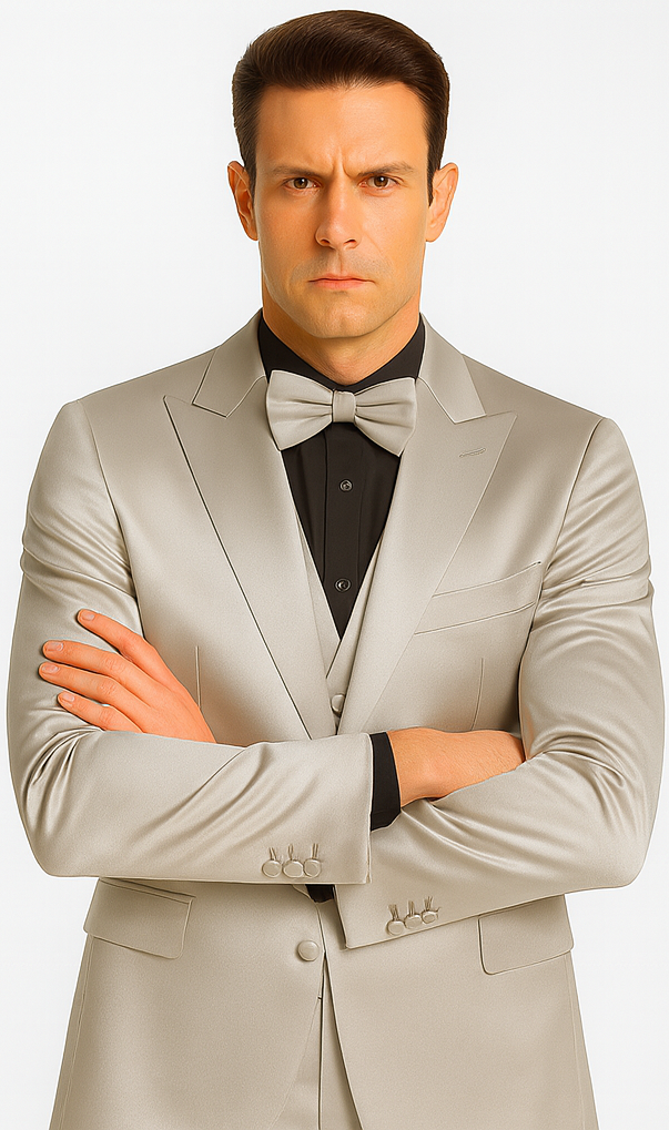 Silver Satin Slim Fit 3 Piece Tazzio Men's Suit with Peak Lapel Jacket  Premium Design