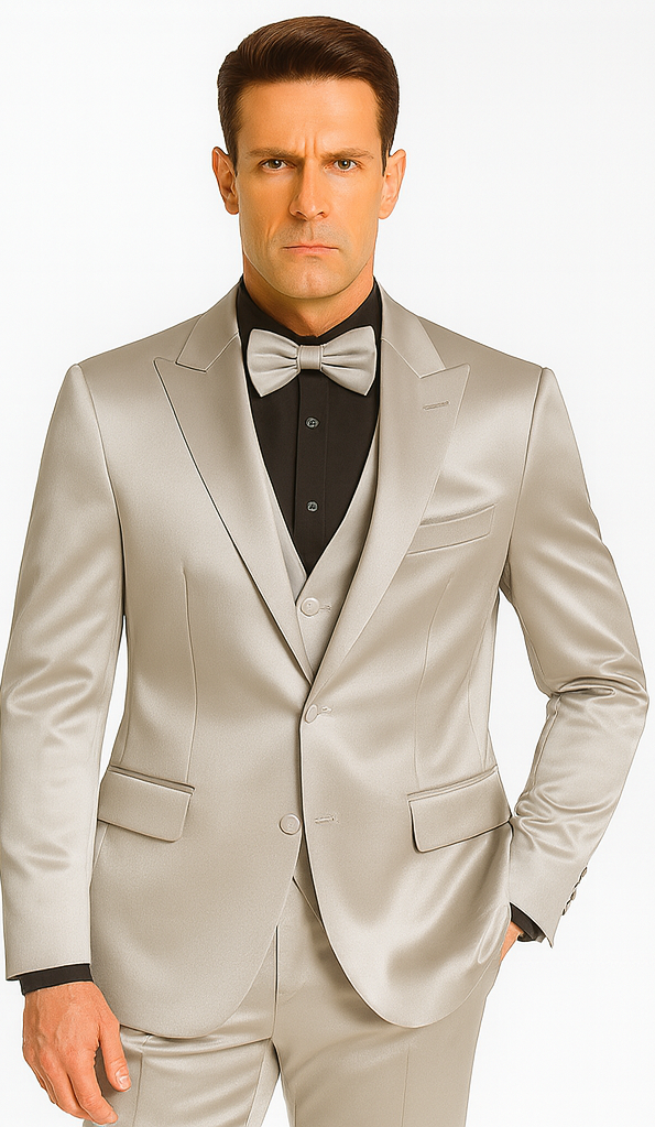 Silver Satin Slim Fit 3 Piece Tazzio Men's Suit with Peak Lapel Jacket  Premium Design