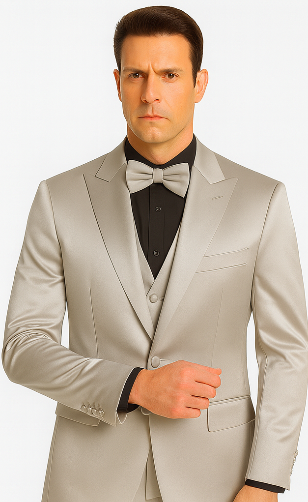 Silver Satin Slim Fit 3 Piece Tazzio Men's Suit with Peak Lapel Jacket  Premium Design
