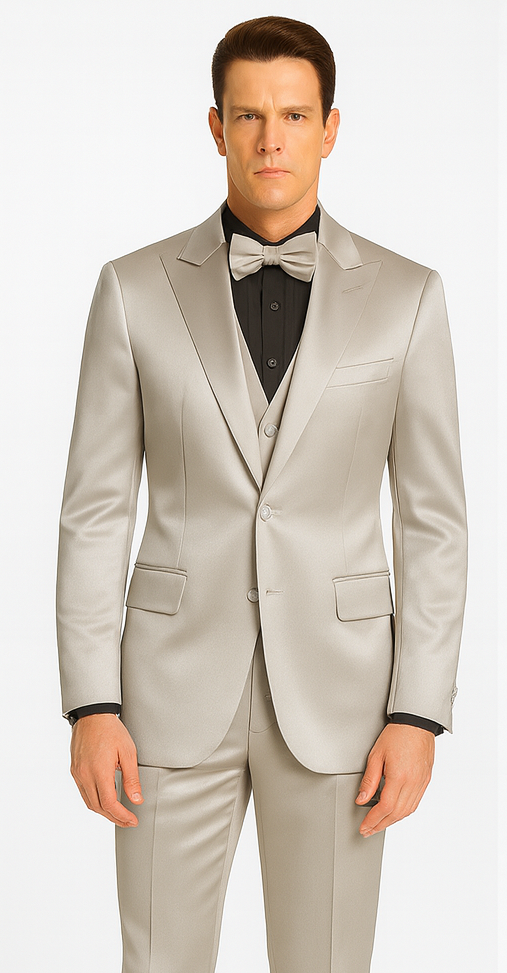 Silver Satin Slim Fit 3 Piece Tazzio Men's Suit with Peak Lapel Jacket  Premium Design