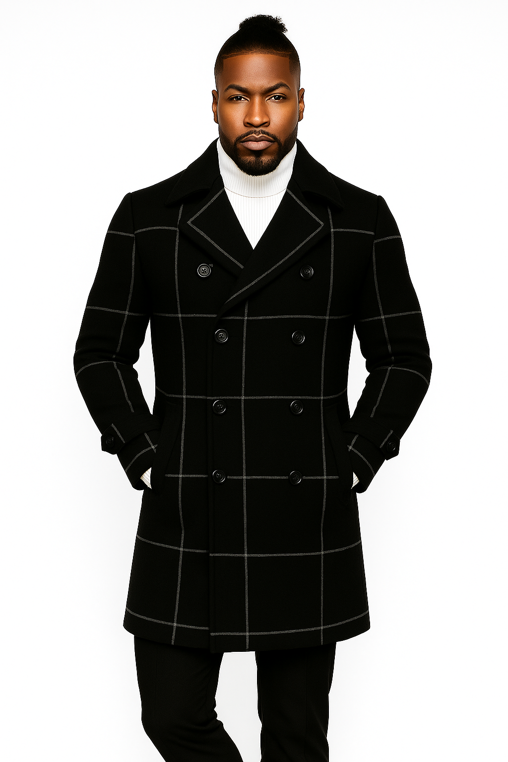 Mens Plaid Overcoat - Wool Peacoat - Plaid Topcoats Six Button Black