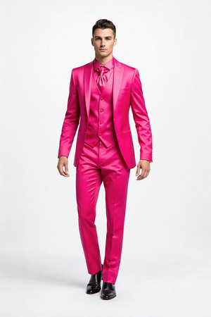 SKU#JA61711 Mens Shiny Blazer - Hot Pink Sateen Vested Suit