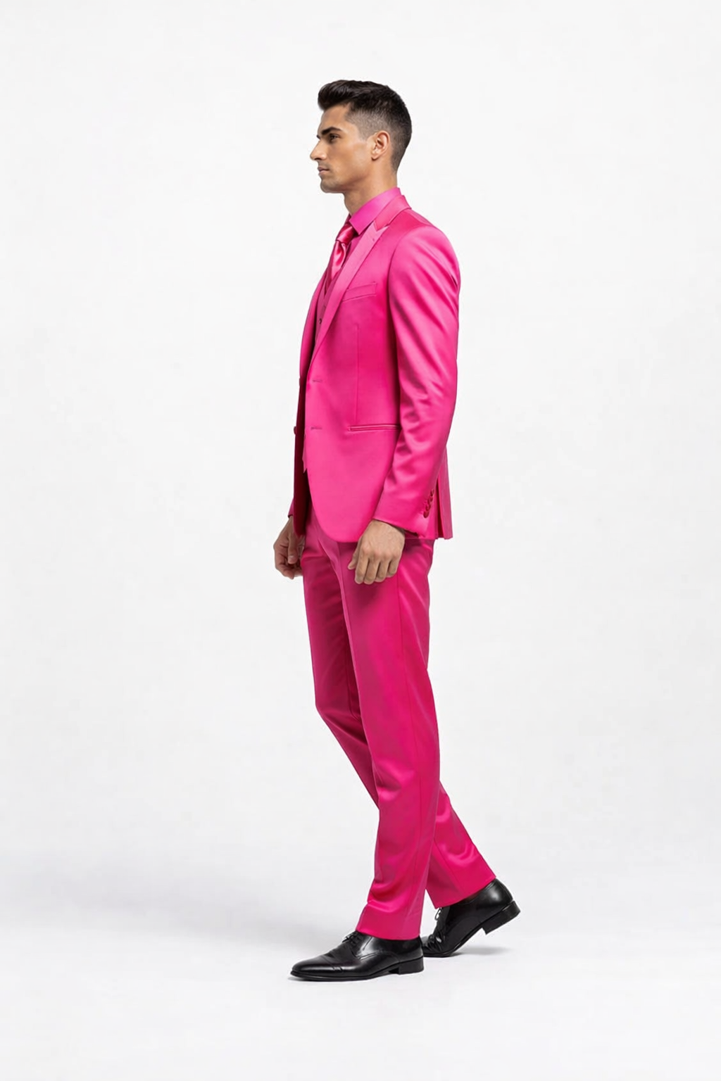 SKU#JA61711 Mens Shiny Blazer - Hot Pink Sateen Vested Suit