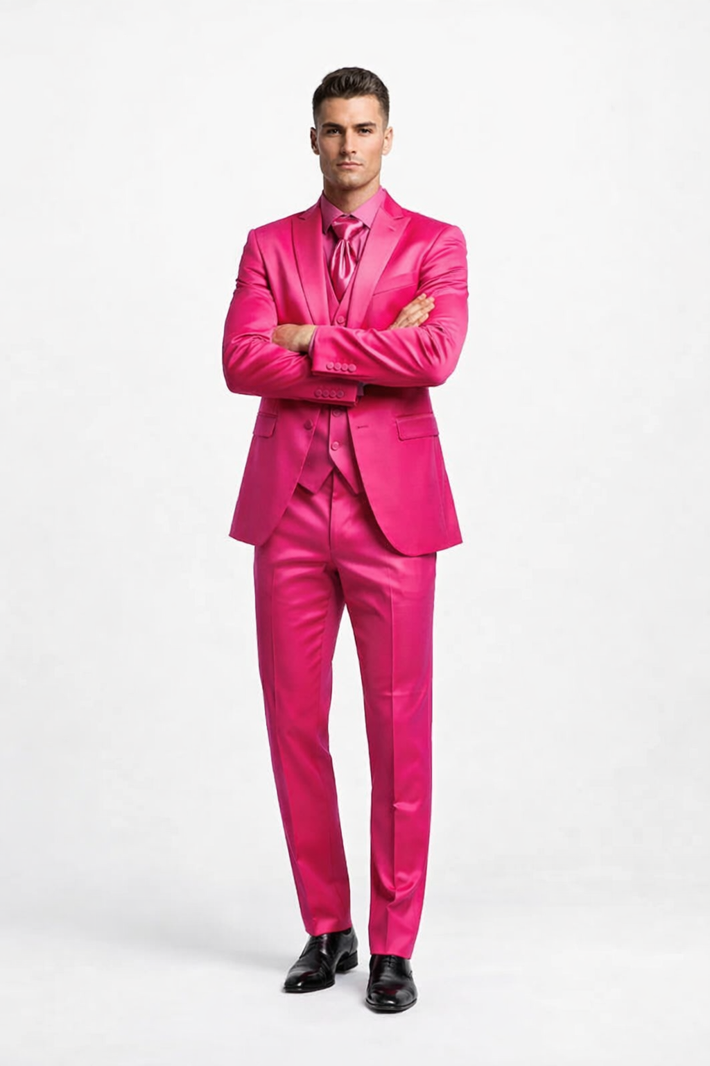 SKU#JA61711 Mens Shiny Blazer - Hot Pink Sateen Vested Suit