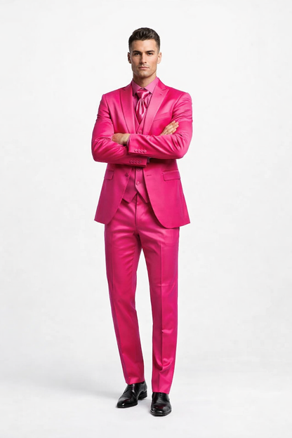 SKU#JA61711 Mens Shiny Blazer - Hot Pink Sateen Vested Suit