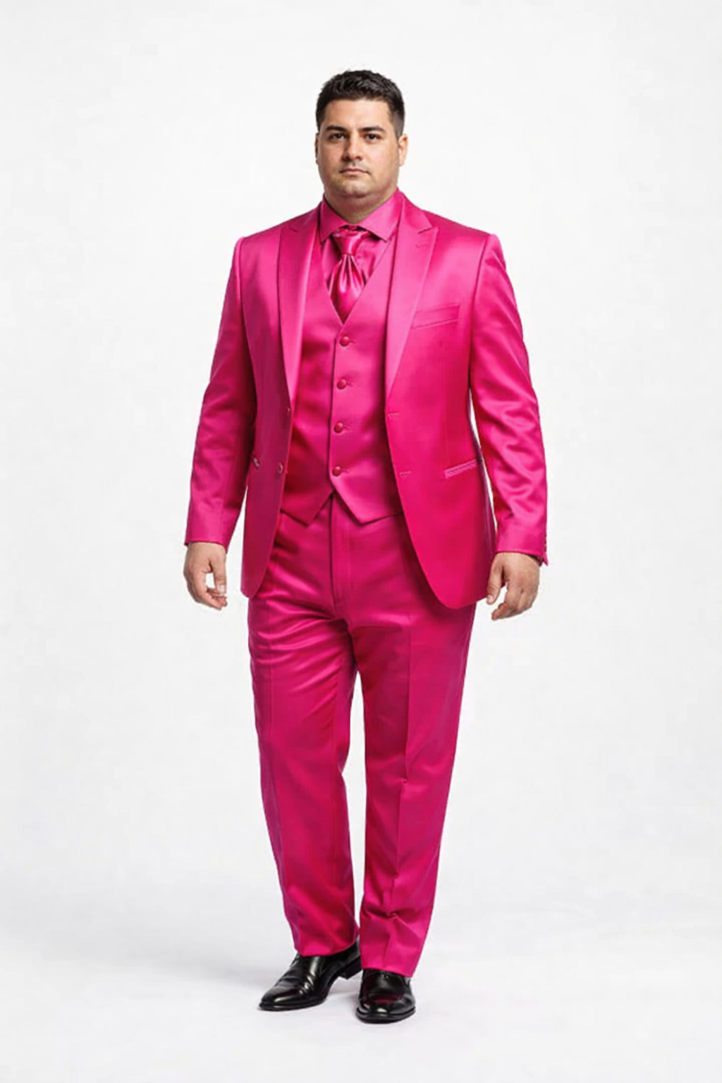 SKU#JA61711 Mens Shiny Blazer - Hot Pink Sateen Vested Suit