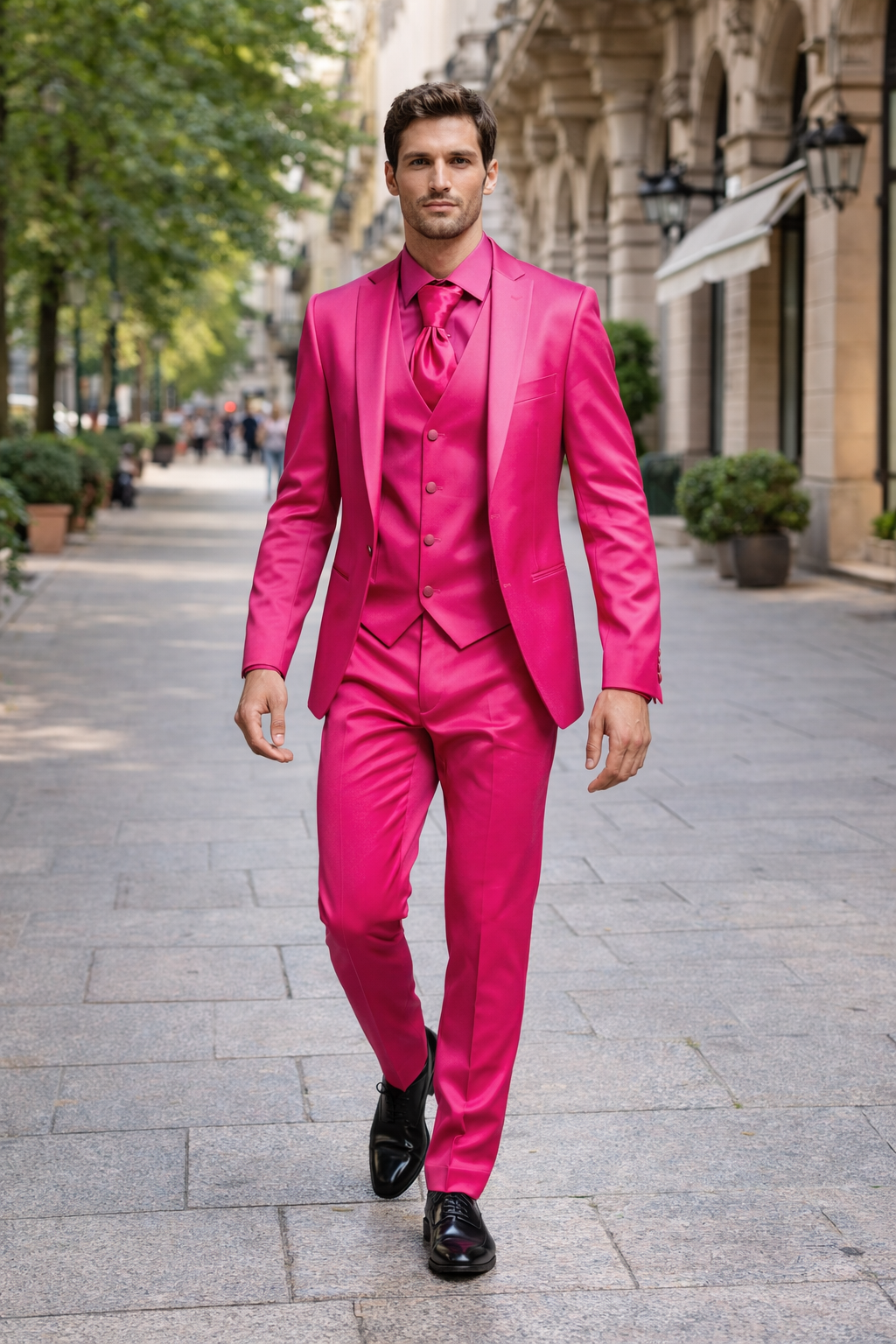 SKU#JA61711 Mens Shiny Blazer - Hot Pink Sateen Vested Suit