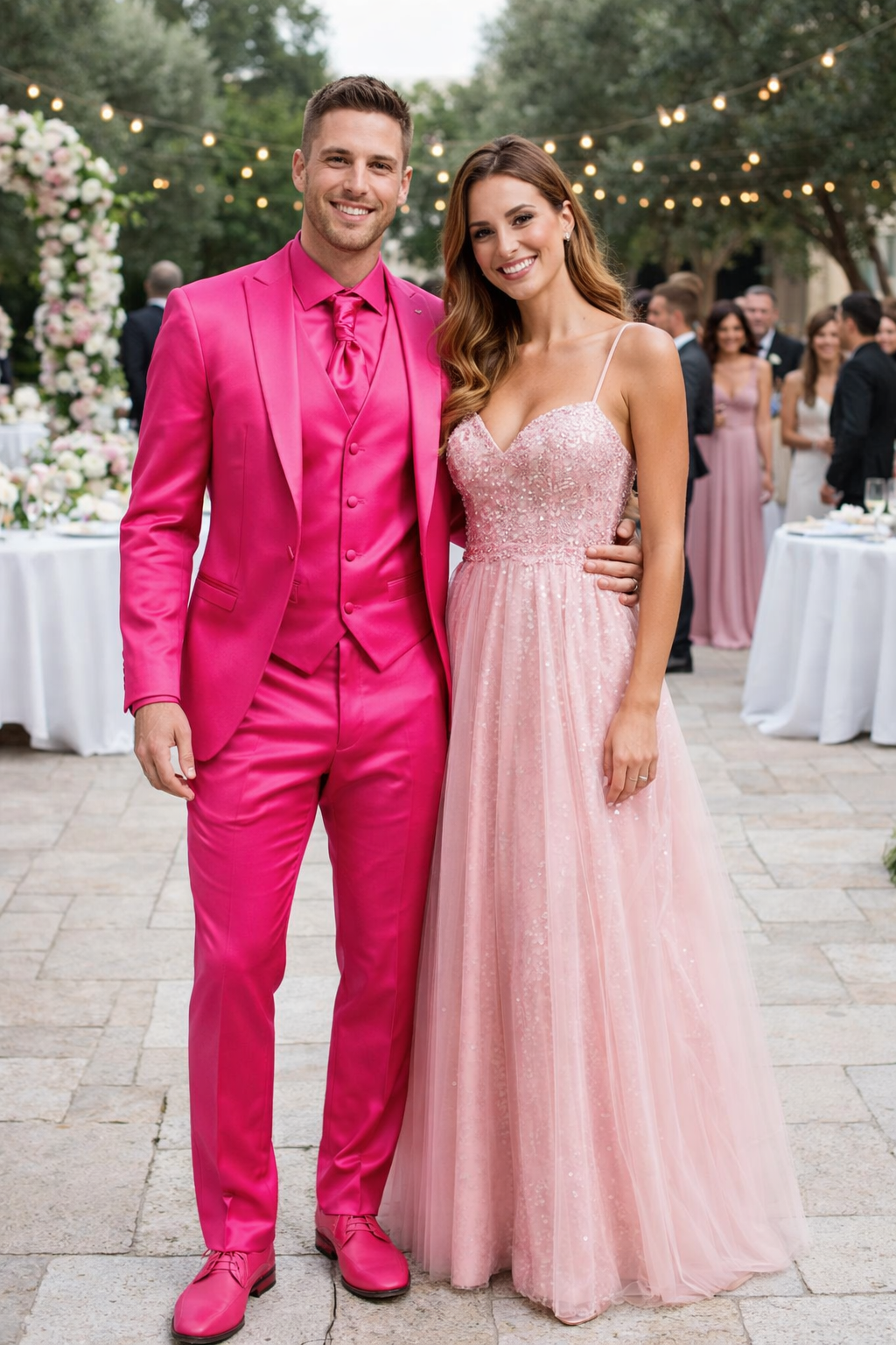 SKU#JA61711 Mens Shiny Blazer - Hot Pink Sateen Vested Suit