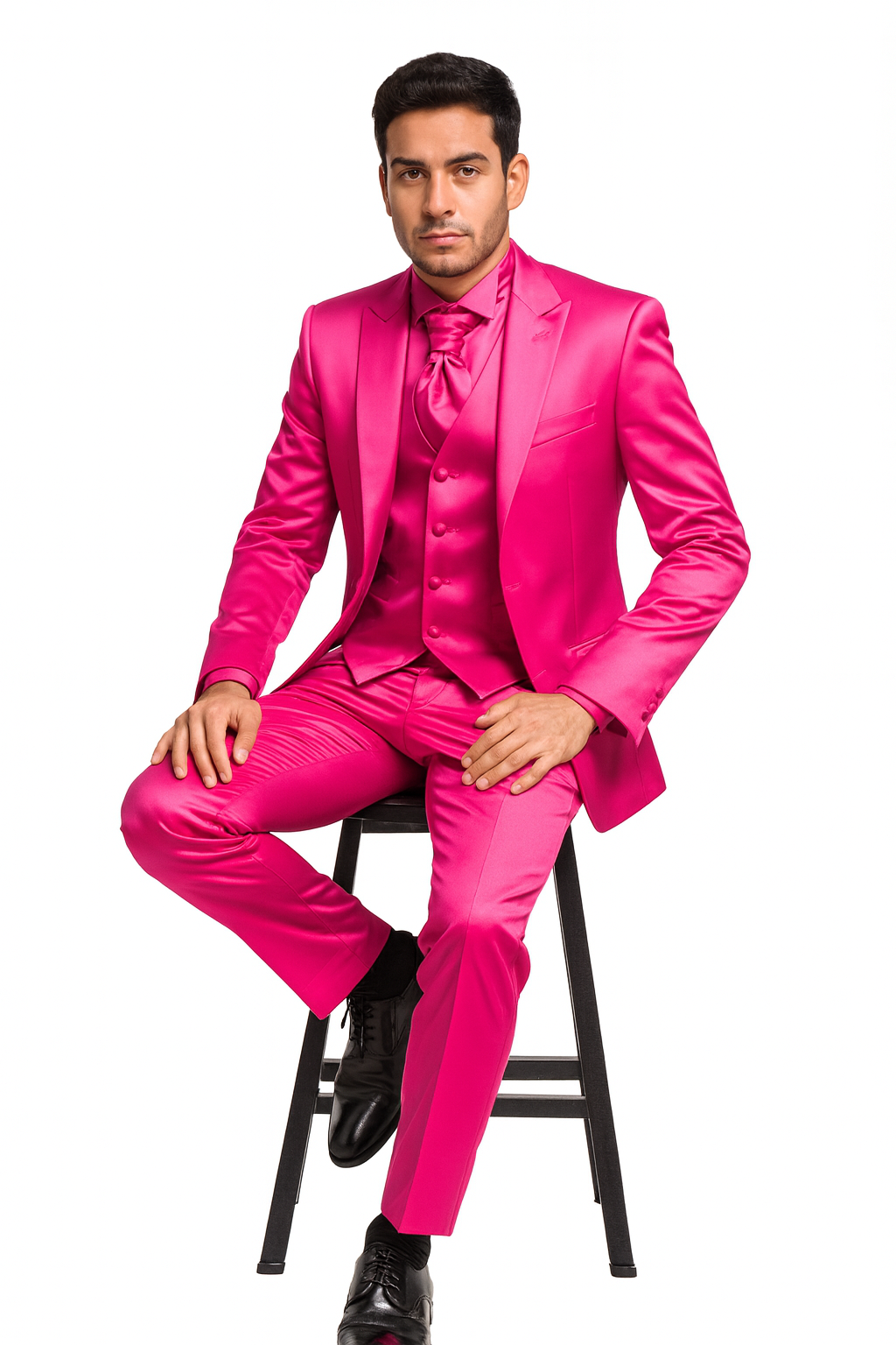 SKU#JA61711 Mens Shiny Blazer - Hot Pink Sateen Vested Suit
