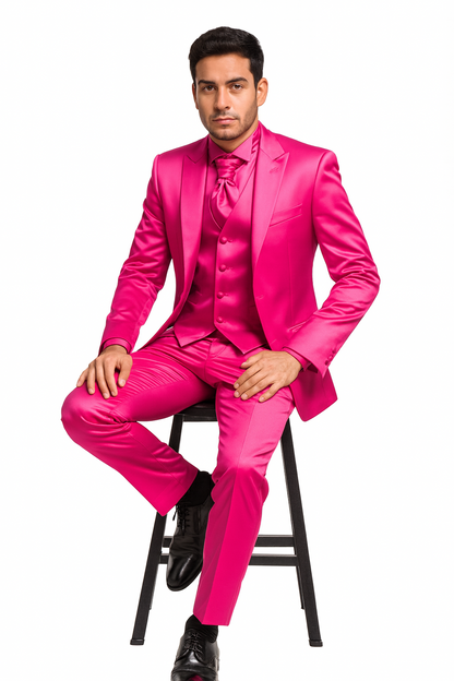 SKU#JA61711 Mens Shiny Blazer - Hot Pink Sateen Vested Suit