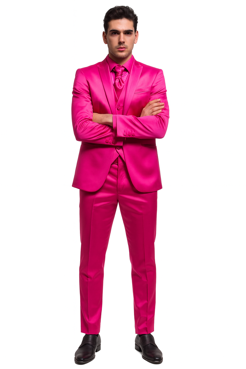 SKU#JA61711 Mens Shiny Blazer - Hot Pink Sateen Vested Suit