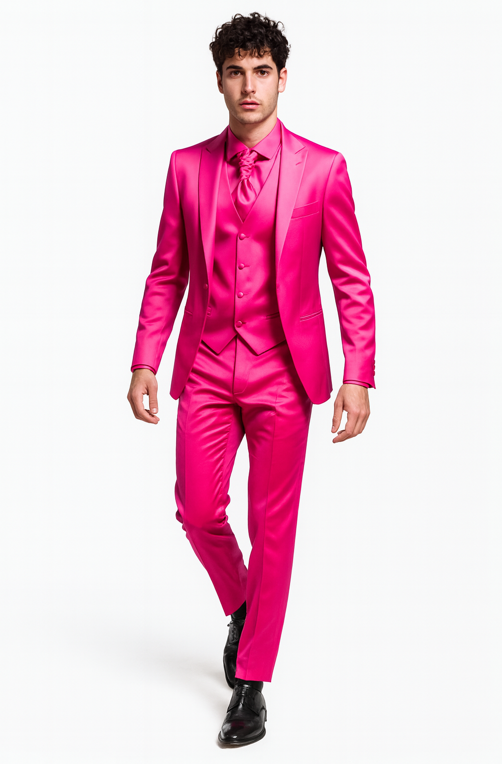 SKU#JA61711 Mens Shiny Blazer - Hot Pink Sateen Vested Suit