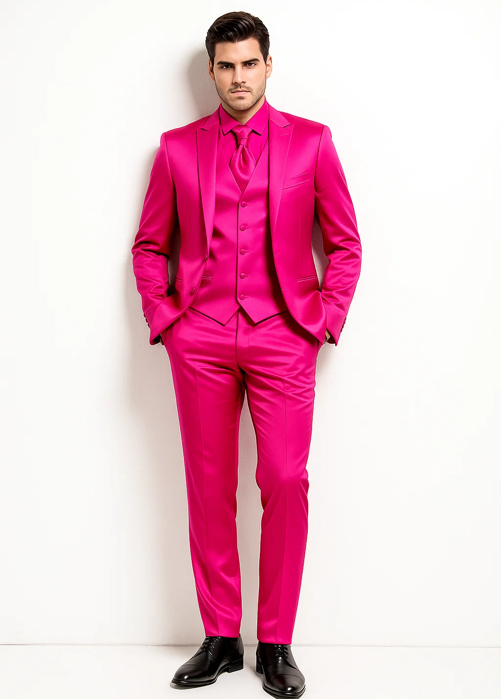 SKU#JA61711 Mens Shiny Blazer - Hot Pink Sateen Vested Suit