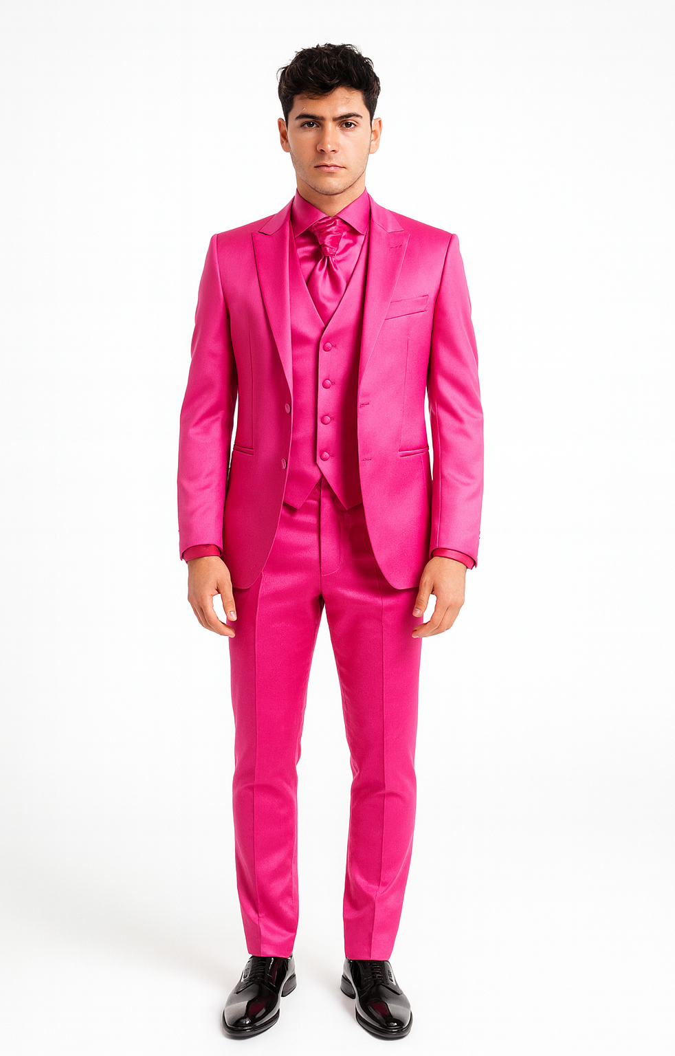 SKU#JA61711 Mens Shiny Blazer - Hot Pink Sateen Vested Suit