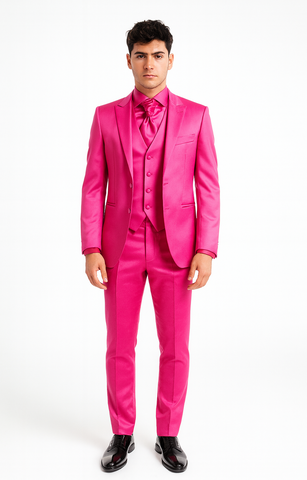 SKU#JA61711 Mens Shiny Blazer - Hot Pink Sateen Vested Suit