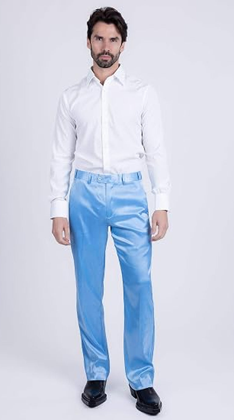 Mens Shiny Stretch Pants Solid Color Slim Fit Sateen Flashy Metallic Slacks in Color "Sky Blue"