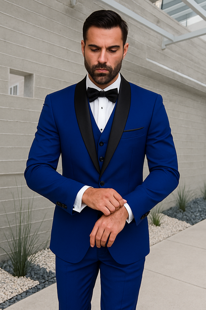 Mens 1 Button Shawl Lapel Vested Wool Wedding - Prom Tuxedo in Sapphire Blue - Mens Slim Fitted Tuxedo