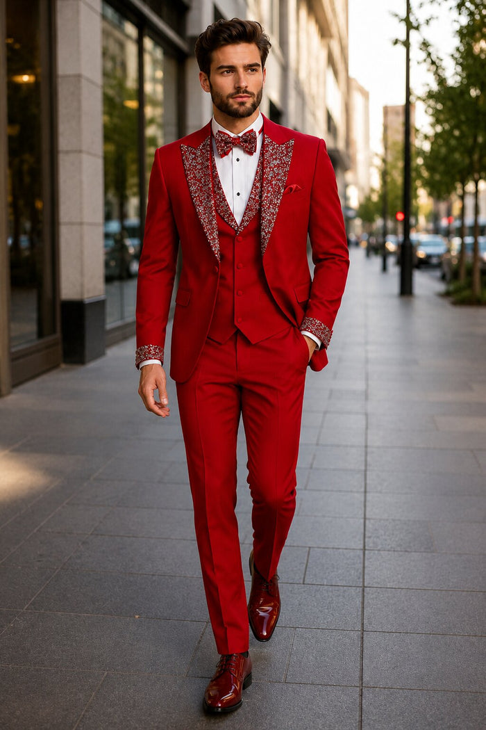 Red Prom Tuxedo - Perfect Wedding Suit Vested Rhinestone sequin Lapelled