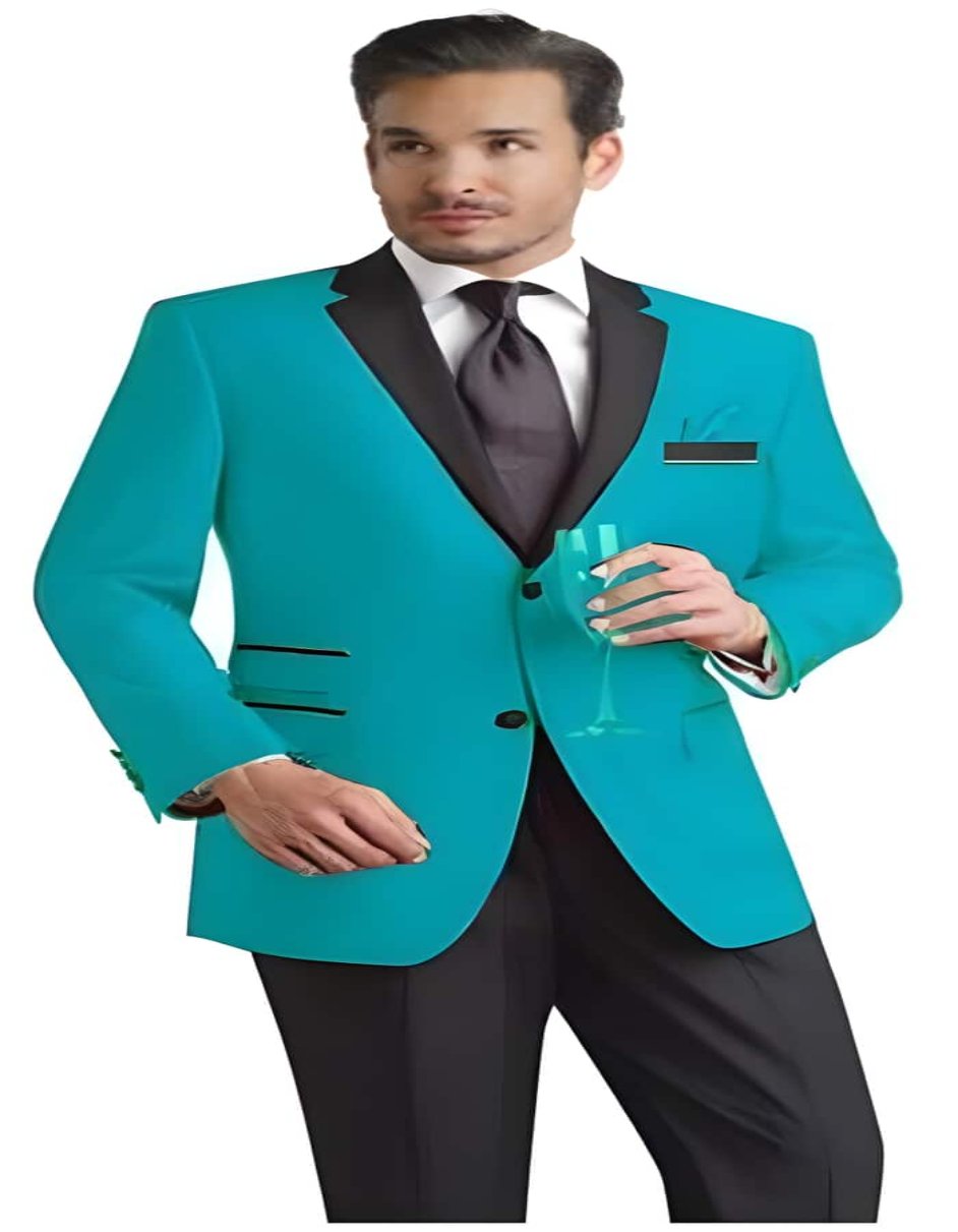 Slim Sport Coat Looking Turquoise & Black Lapel Tuxedo Best Cheap Blazer For Affordable Cheap Priced Unique Fancy For Men Available Big Sizes on sale Men Affordable Sport Coats Sale - Men's Tuxedo USA