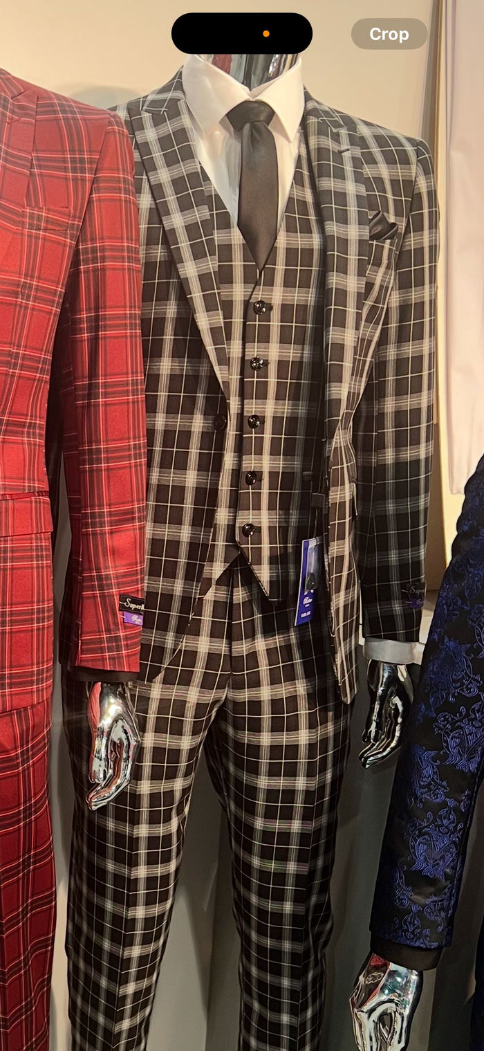 Men's Black and White Plaid Three-Piece Suit  Modern Slim Fit Tuxedo for Church and Business