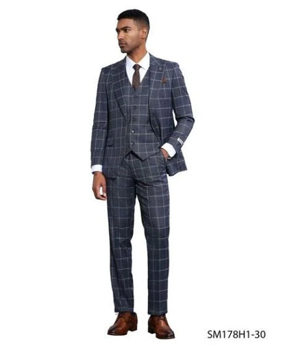 Stacy Adams Men's 3 Piece Hybrid Fit Suit - Large Checker Pattern