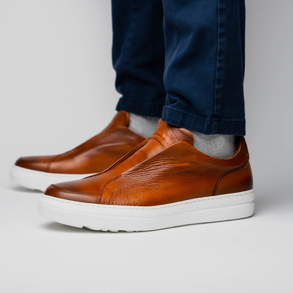 Zelli Spettacolare Pebble Grain Slip-On Sneaker in Cognac