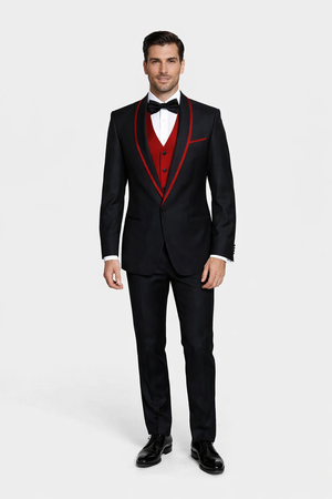 Statement Men's Black with Red Lapel Vested 100% Wool Tuxedo