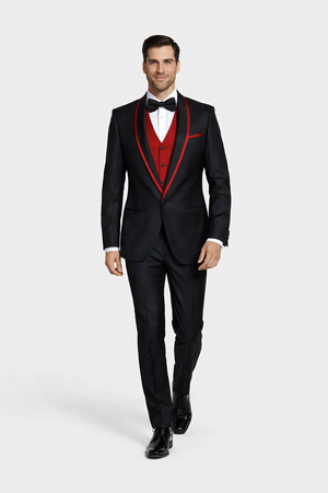 Statement Men's Black with Red Lapel Vested 100% Wool Tuxedo