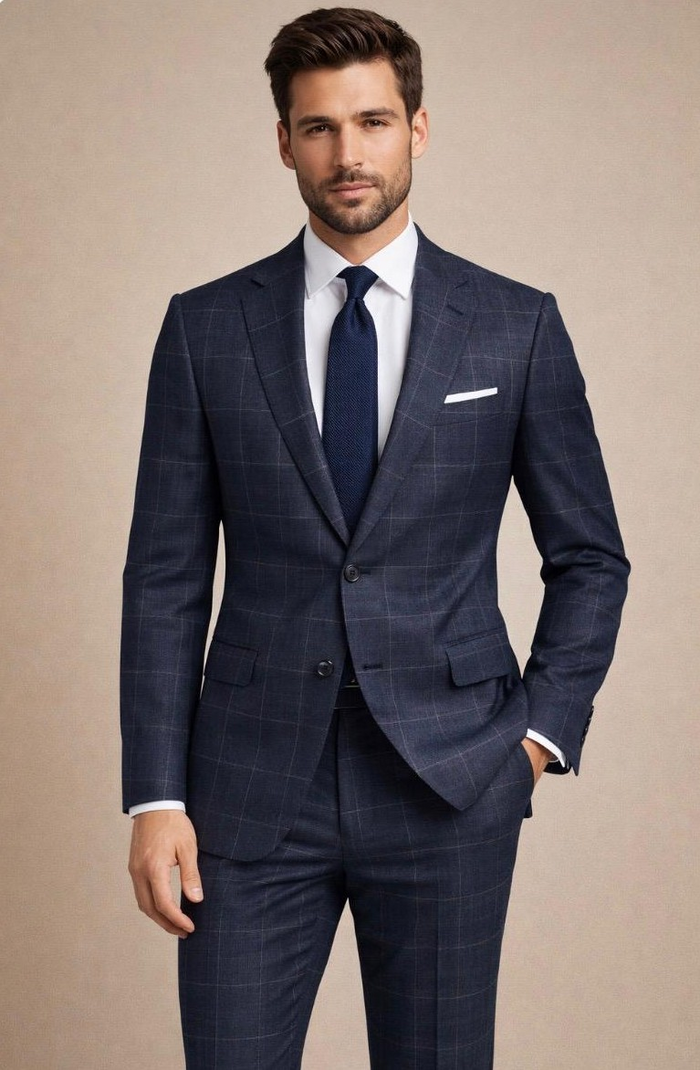 Statement Mens Modern Fit 2 Piece 100% Super 200s Wool Fine Windowpane Suit – Single Breasted Notch Lapel Jacket