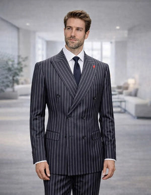 Statement Mens Modern Fit 2 Piece 100% Super 200s Wool Pinstripe Suit – Double Breasted Peak Lapel