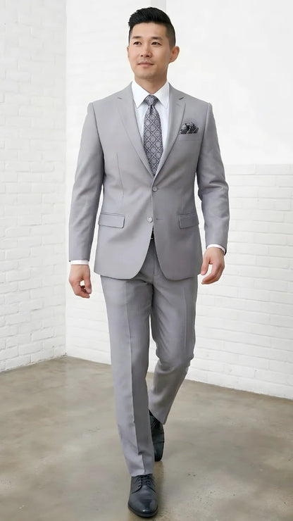 Statement Mens Modern Fit 2 Piece 100% Super 200s Wool Suit – Solid Colors, Notch Lapel Jacket