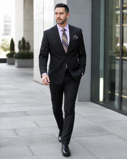Statement Mens Modern Fit 2 Piece 100% Super 200s Wool Suit – Solid Colors, Notch Lapel Jacket