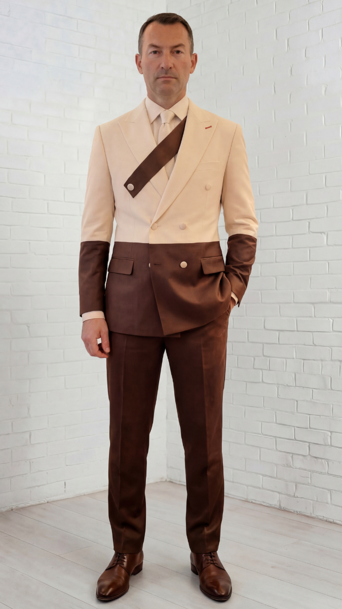Statement Mens Modern Fit 2 Piece 100% Super 200s Wool Two Tone Suit – Double Breasted (Azuro) Peak Lapel Jacket with Chest Strap